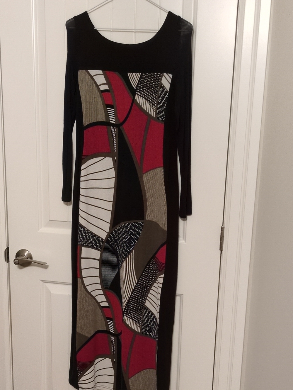 Black Maxi Dress with Red and Taupe Abstract Print